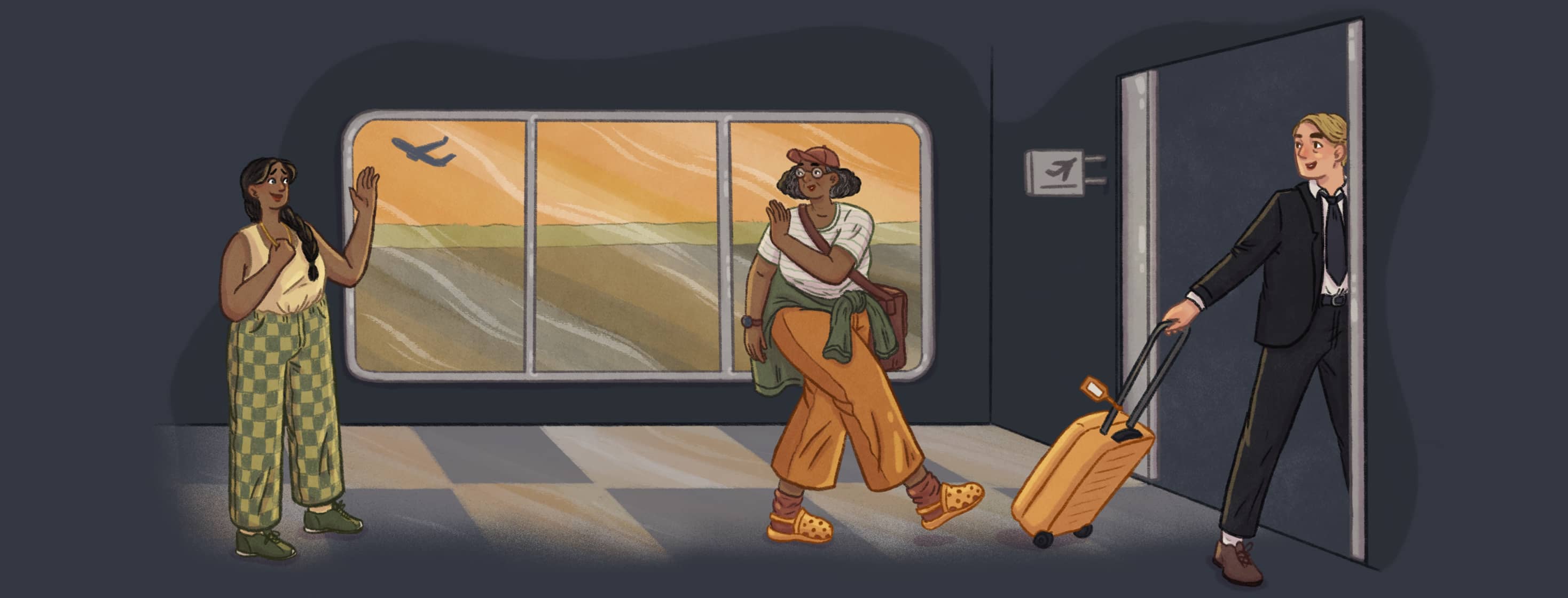 Two women wave to each other in front of a window showing a plane taking off of the airport runway, the younger of the two appearing slightly worried, as a man from concierge pulls the older woman's suitcase through a door to boarding