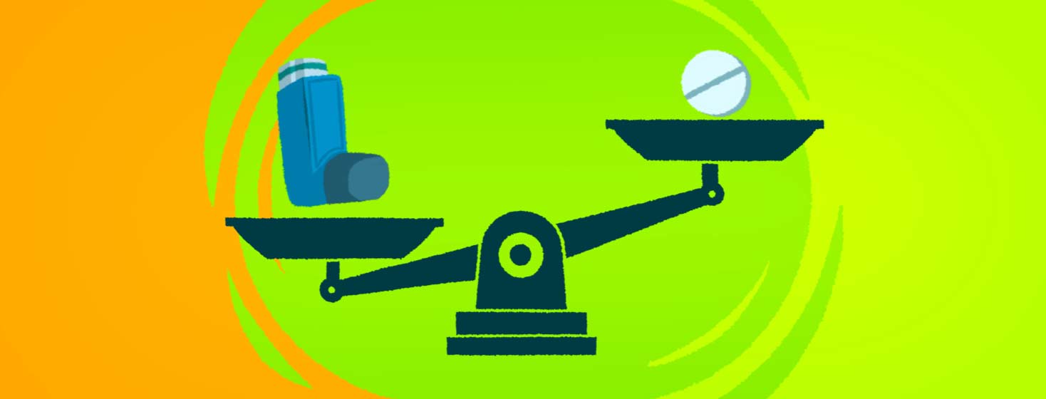 A scale with an inhaler on one side and an oral steroid on the other. Weighing options, medications