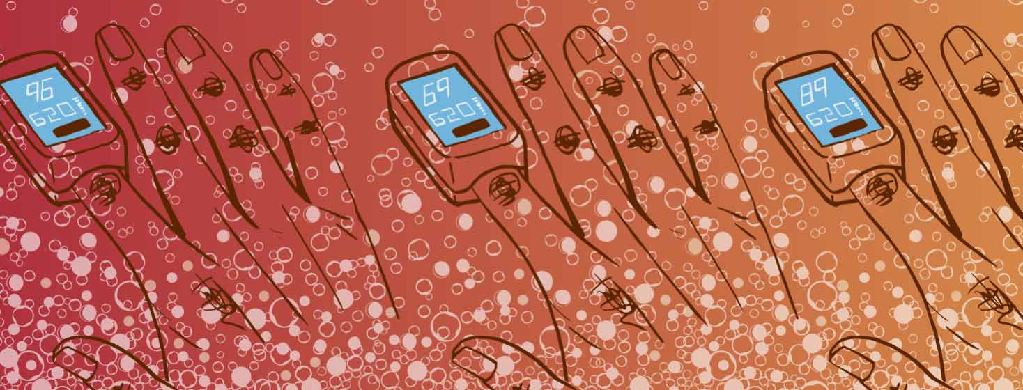 a pulse oximeter on a finger with a background of bubbles, hand, blood, oxygen, measurements, measuring, levels