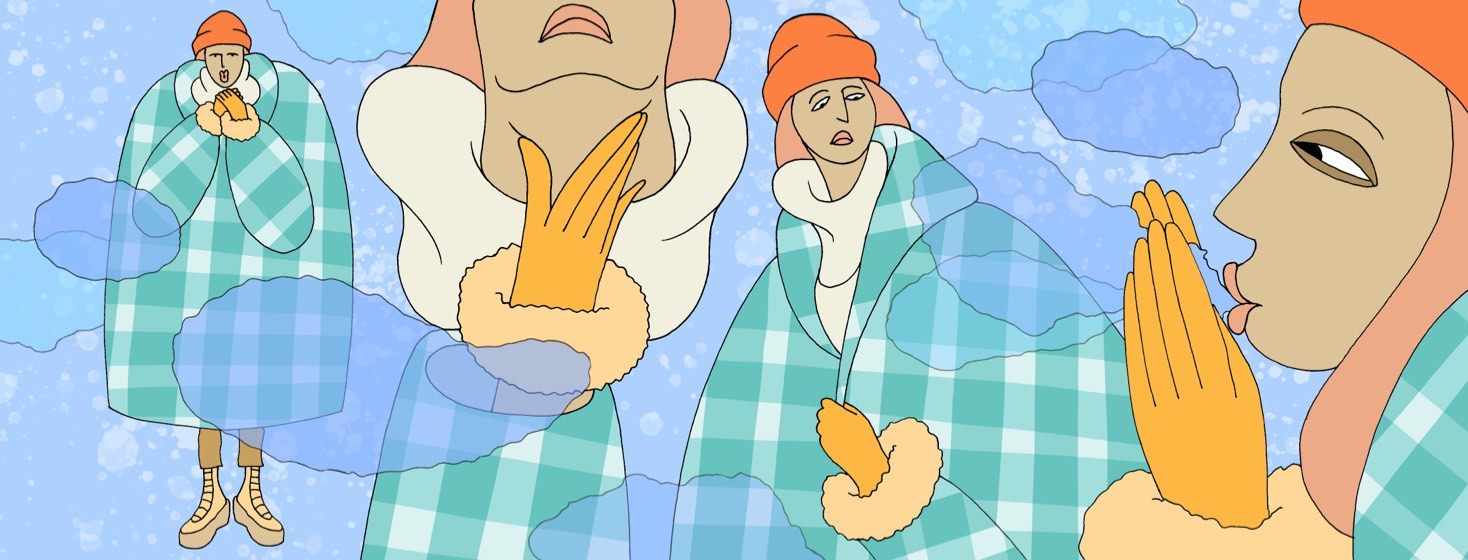 A woman wearing winter clothes, repeated in different positions, including coughing, feeling her throat, and breathing visible breath into her hands