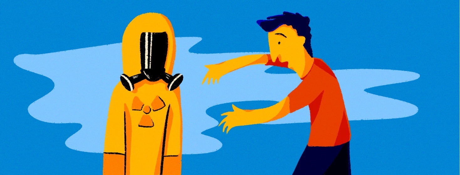 person wearing a hazmat suit to avoid hugs