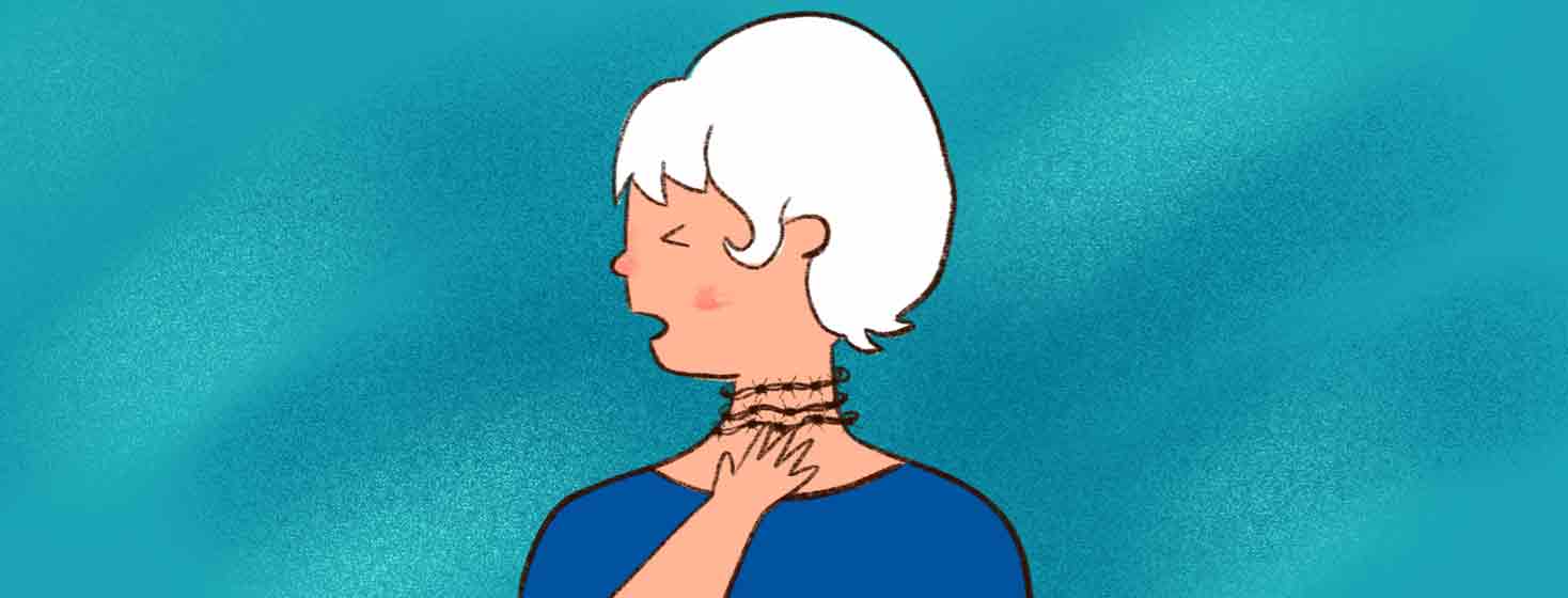 Senior female woman coughing with barbed wire wrapped around her neck. Sore throat, painful cough.