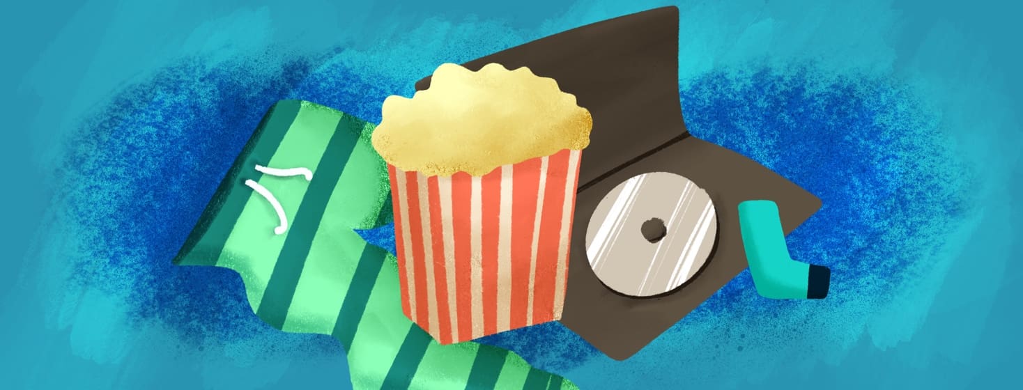 popcorn, movie, pajamas, and inhaler