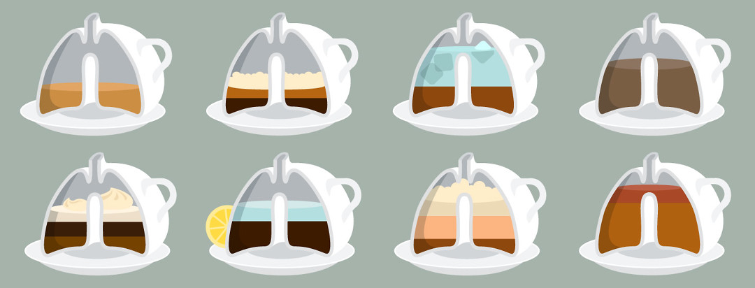 lung shaped mugs with different coffee drinks