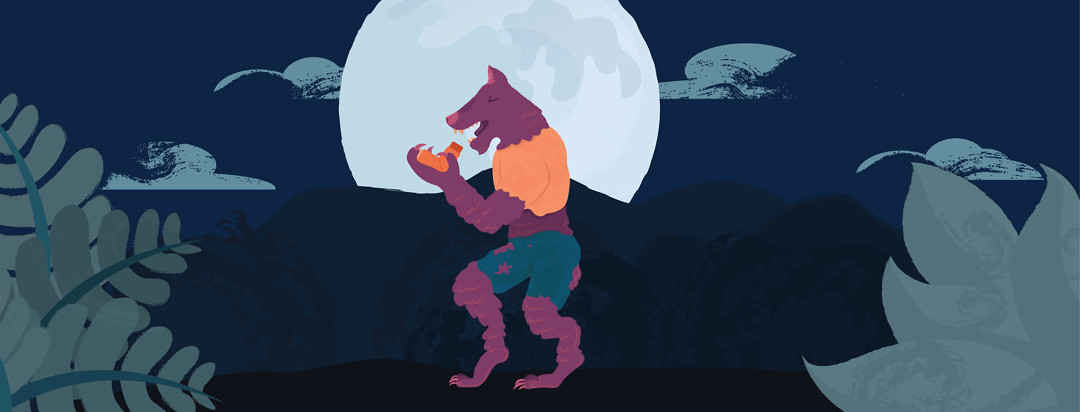 werewolf with asthma using inhaler in front of full moon