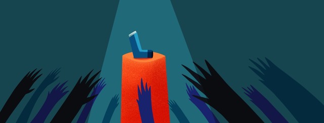 hands reaching for an inhaler on a pedestal