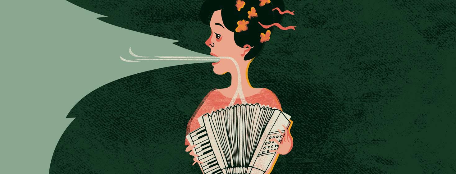 a woman with an accordion for lungs breathes in and makes a whistling sound