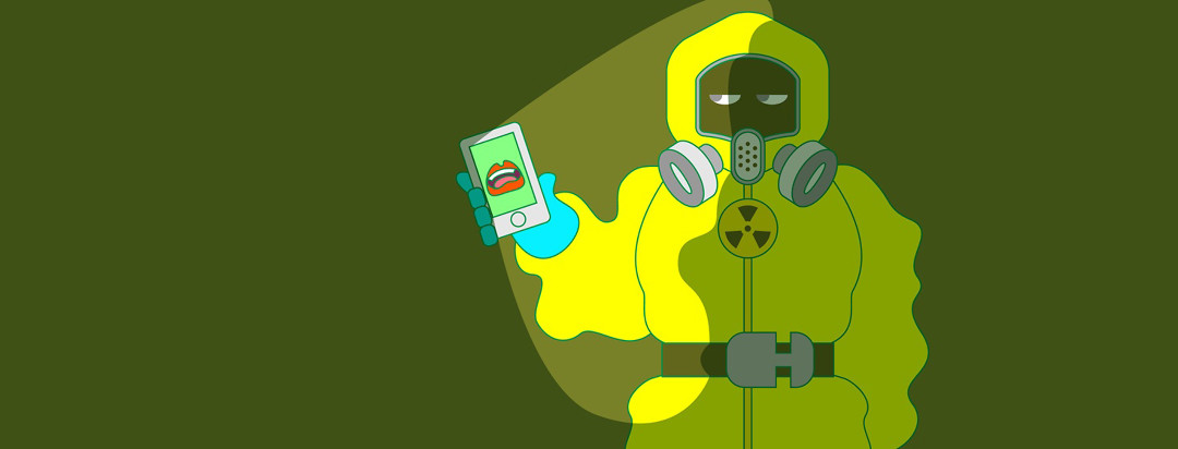 a person in a hazmat suit holds a cellphone with a mouth blasting falsehoods