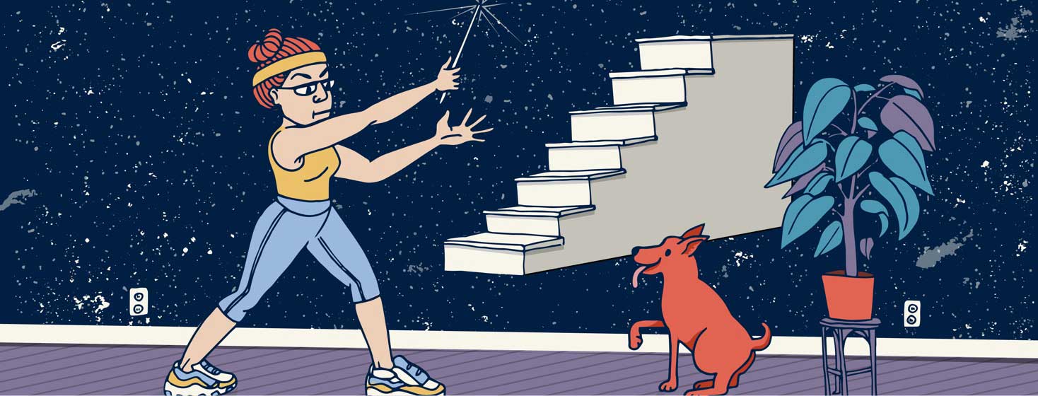 a woman waves a magic wand at a set of stairs that is floating out of her reach