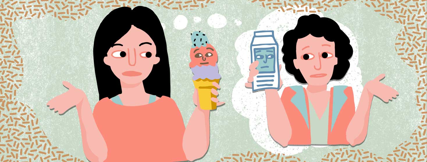 A woman looks at her icecream cone and it looks back at her. Her mother is on her right side and looks at a milk carton that also looks back at her. Both of them have their other hands up in a shrugging gesture.