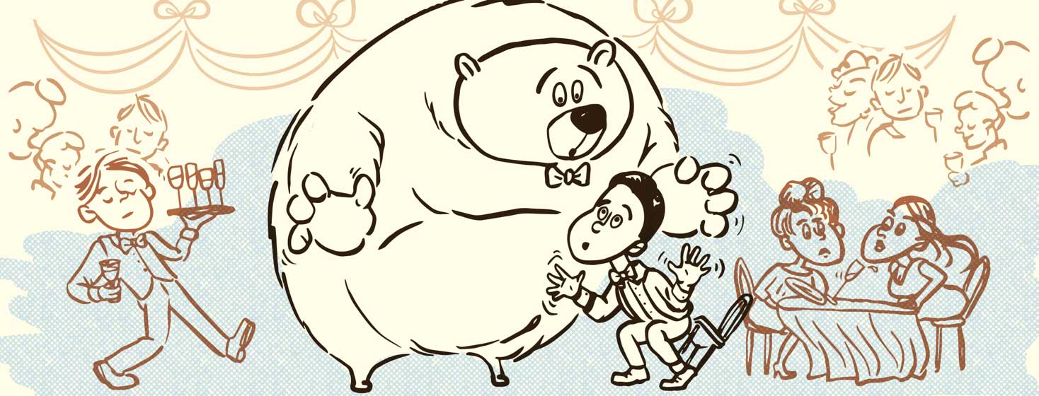 a man and a bear surprise each other at a wedding. Their hand are trembling.