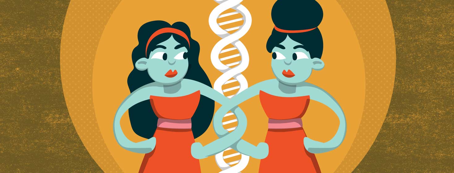 Twin women lock arms and become part of a large strand of DNA.