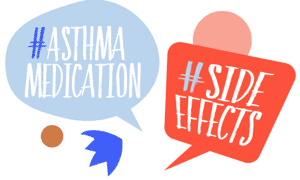 Speech bubbles that say #AsthmaMedication and #SideEffects 