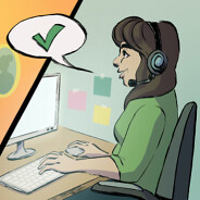 Adult male speaking on the phone with adult female at call center. Above them is a speech bubble with green check