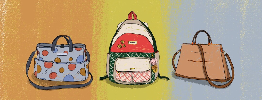 3 bags on a colorful background - one diaper bag, one backpack, and one purse