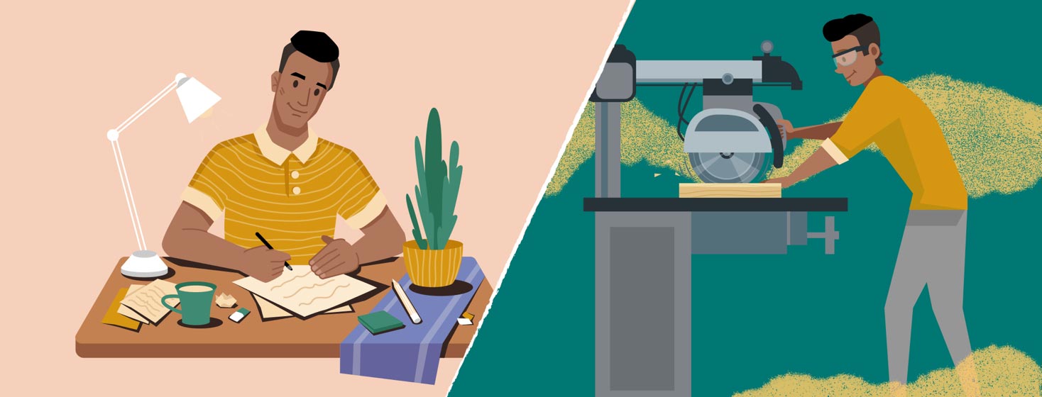 a man to the left is writing. the same man to the right is woodworking