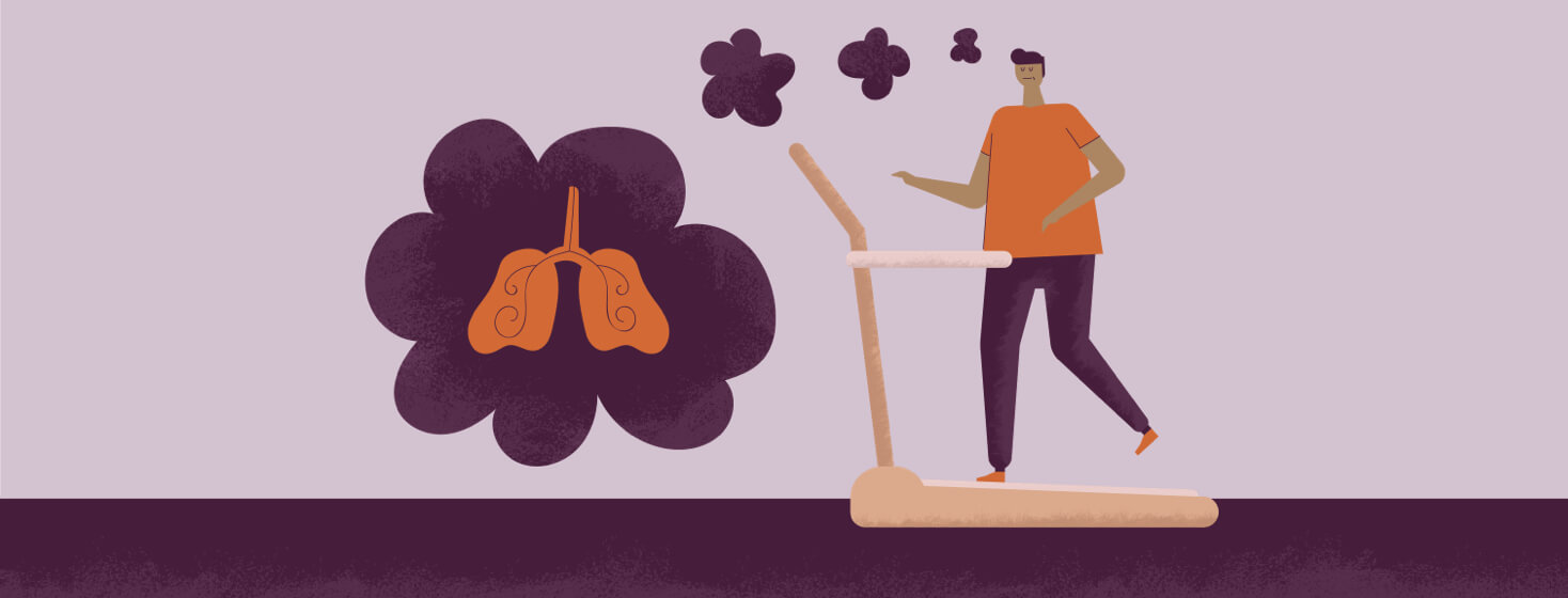 Person on a treadmill trying to stay healthy, but anxiety of exercising too hard with Asthma is on their mind.