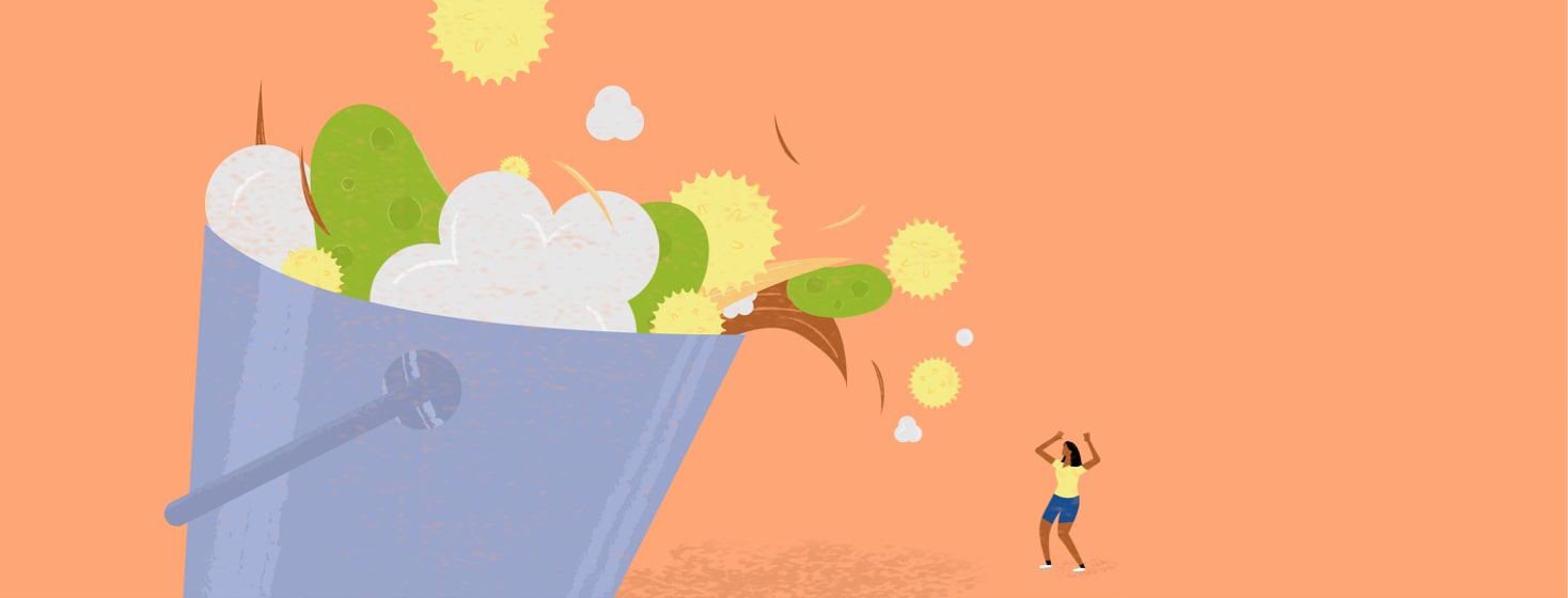 a bucket full of pet dander, pollen, mold and dust about to fall and pour out onto a woman