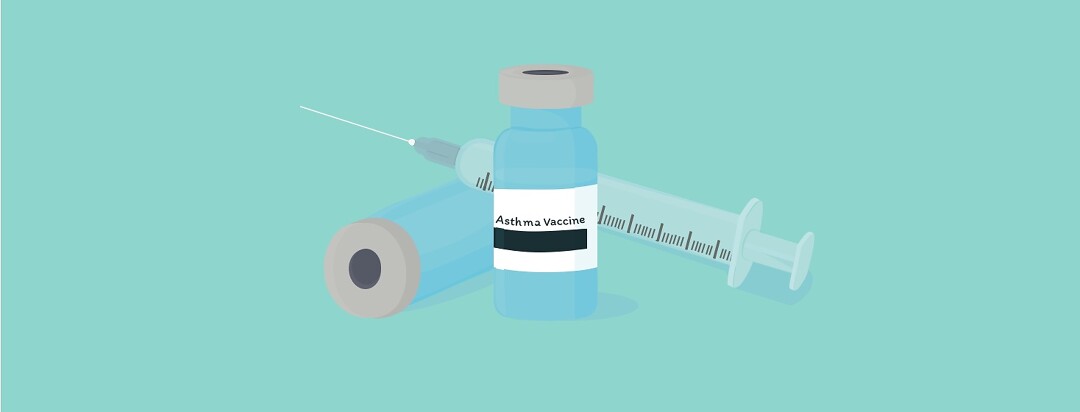 A syringe and a vial labeled asthma vaccine.