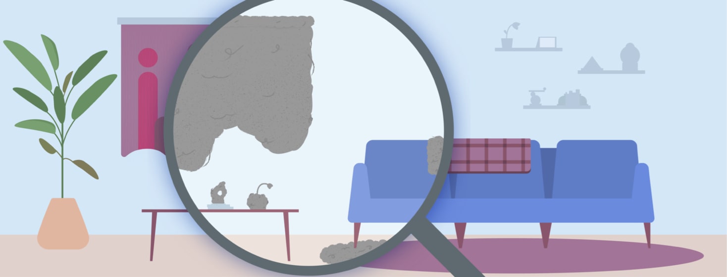 A house scene with a magnifying glass showing what objects collect dust