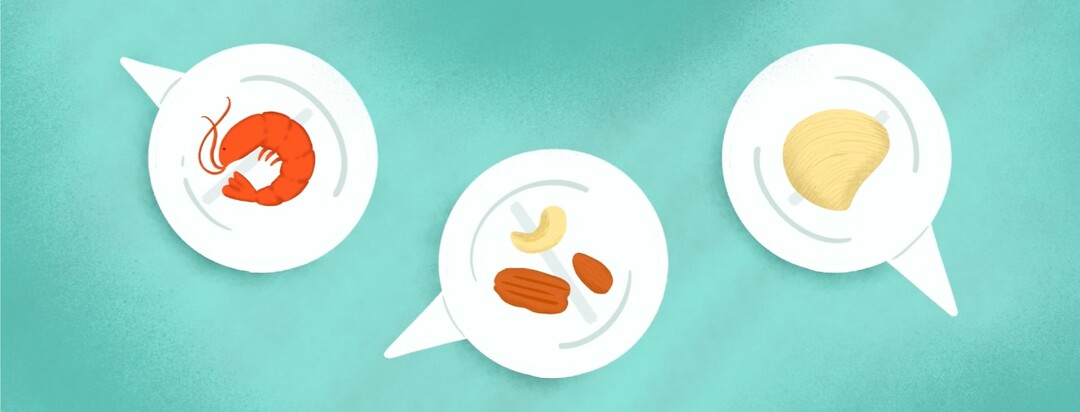 a shrimp, a clam, and nuts on plates made into speech bubbles