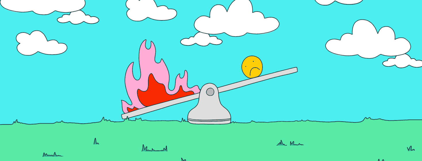 An animation of a seesaw, at one end is a heart morphing into flames, on the other is a sad face turning into a happy one