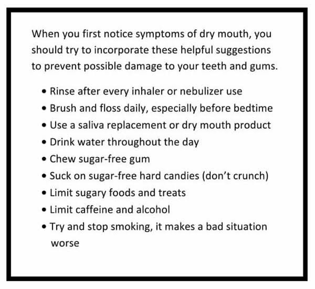 Text image with helpful suggestions for dealing with symptoms of dry mouth to prevent possible damage to teeth and gums.