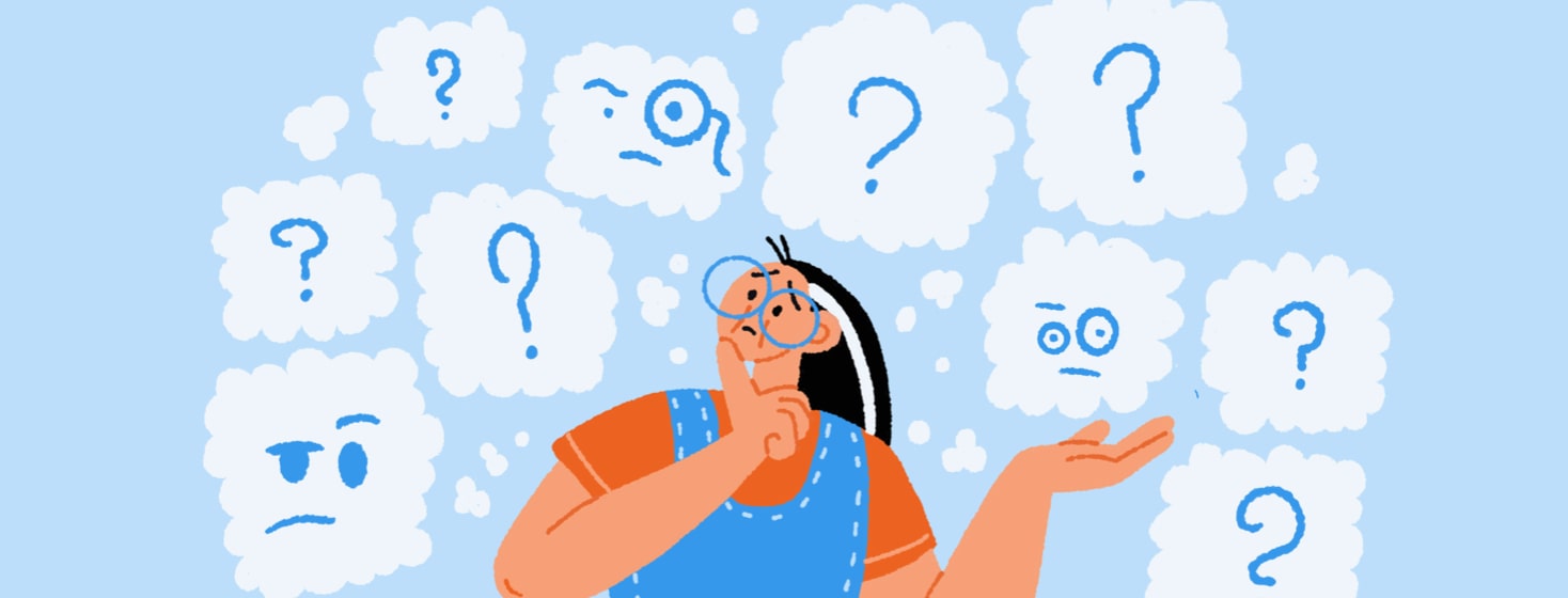 a woman surrounded by though bubbles with question marks in them