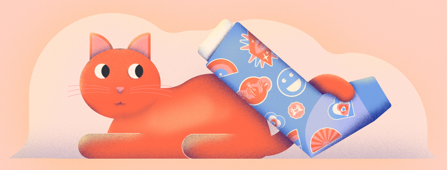 a cat with its tail wrapped around an inhaler that has stickers on it