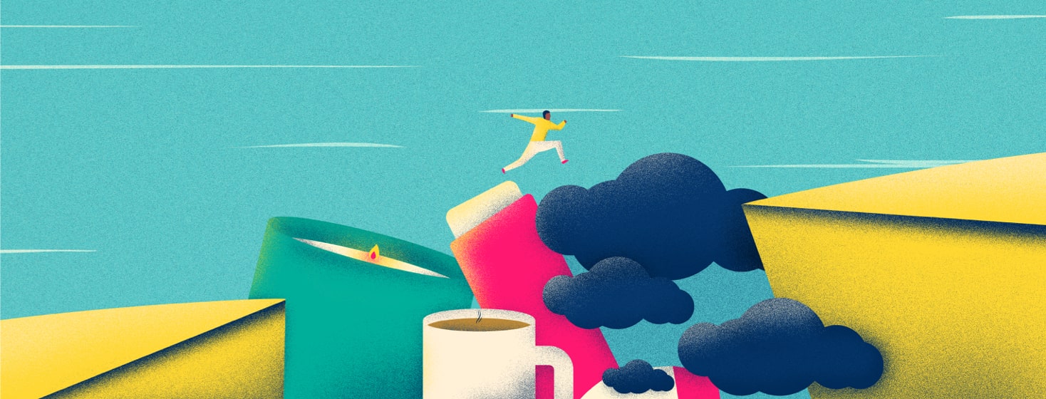 a person jumping over a candle, a coffee, an inhaler, and clouds