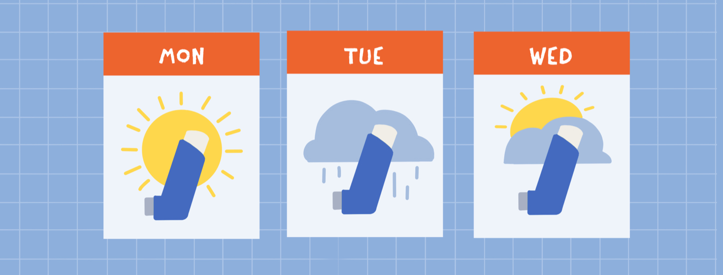A weekly forecast with asthma inhalers shown on every day's weather