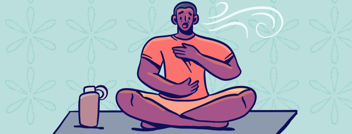 A man in a yoga pose breathing deeply and looking worried