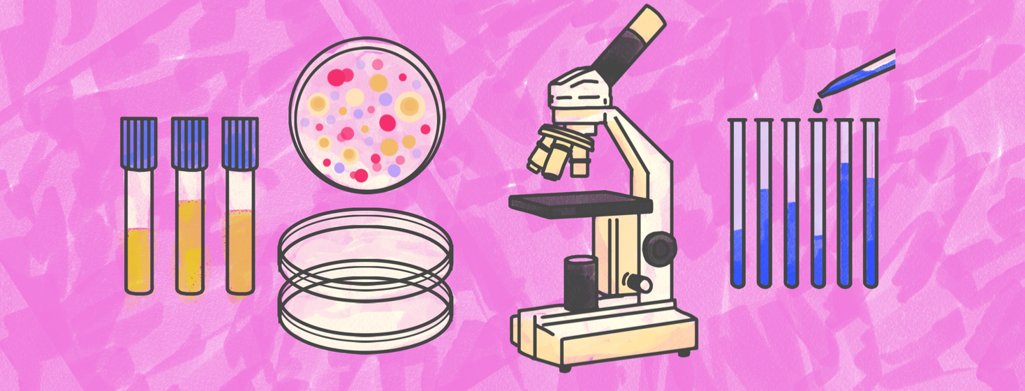 A petri dish, microscope and test tubes