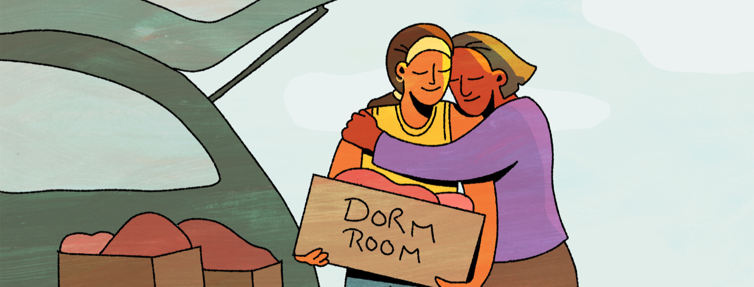 A mother and daughter hug by a car packed full of college dorm room moving supplies