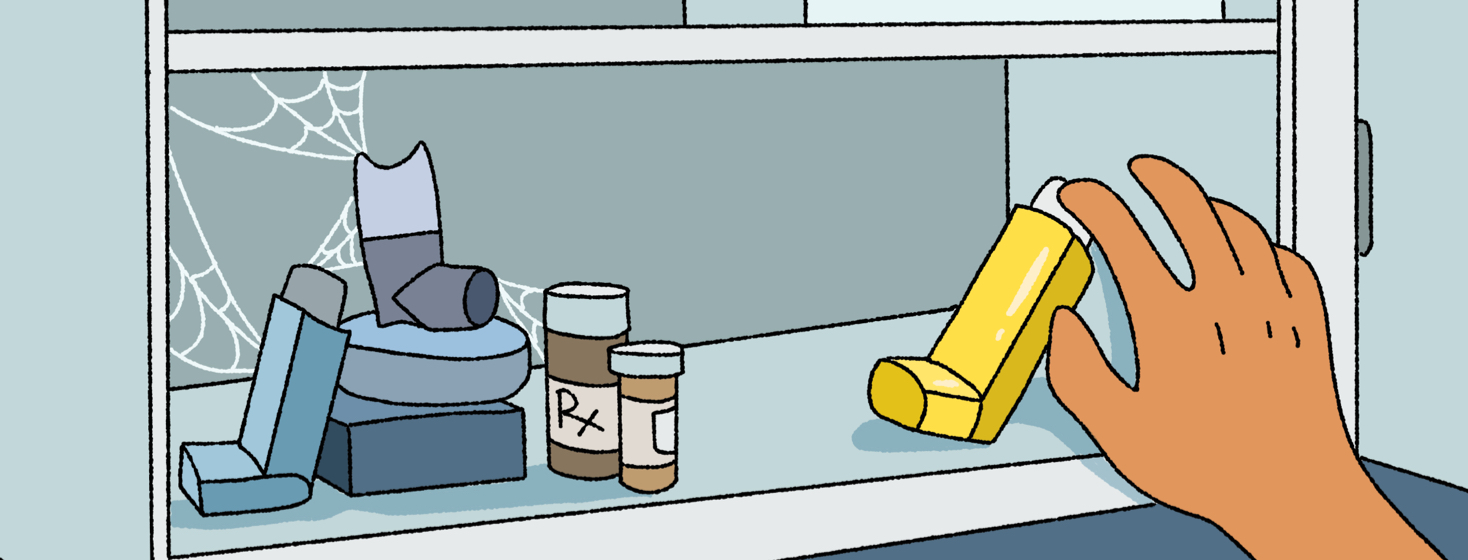 A hand reaching for a bright, new inhaler in a cabinet, ignoring a pile of dusty old meds