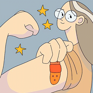 a woman flexing and showing off the bandaid on her bicep