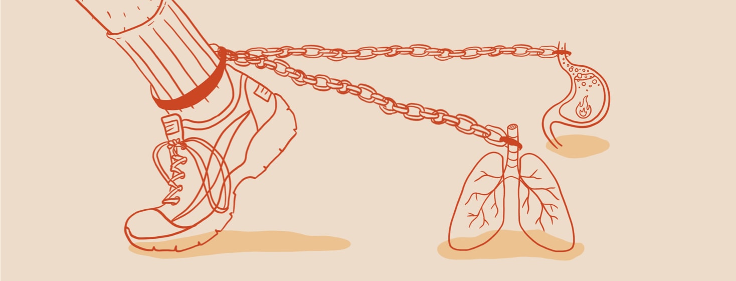 A foot being held back by two chains connected to a pair of lungs and a stomach showing GERD