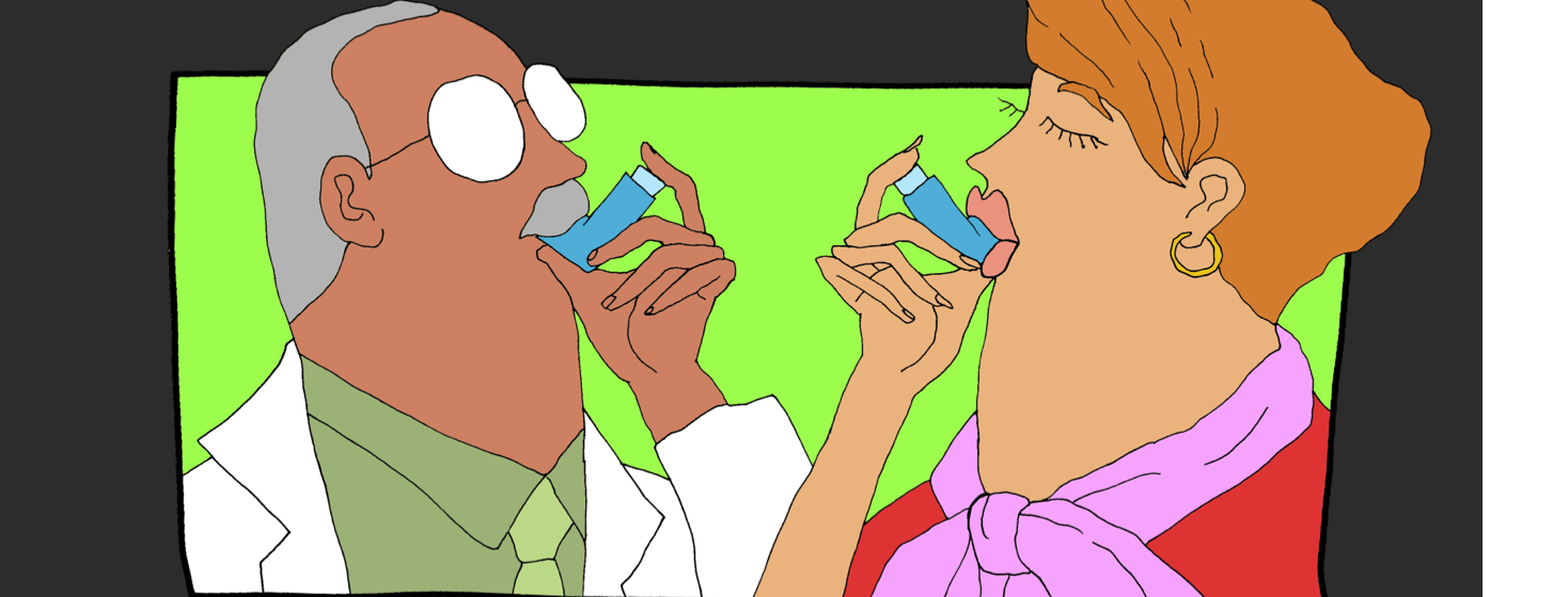 An older man and woman using inhalers