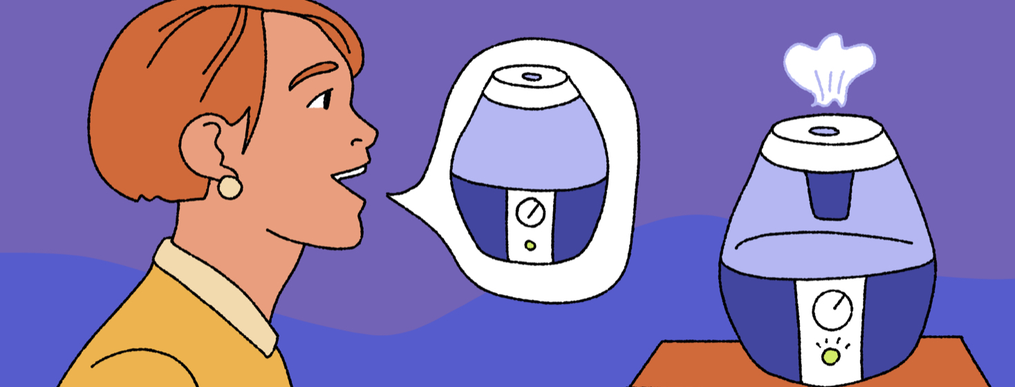 A woman uses vocal commands to turn on a humidifier