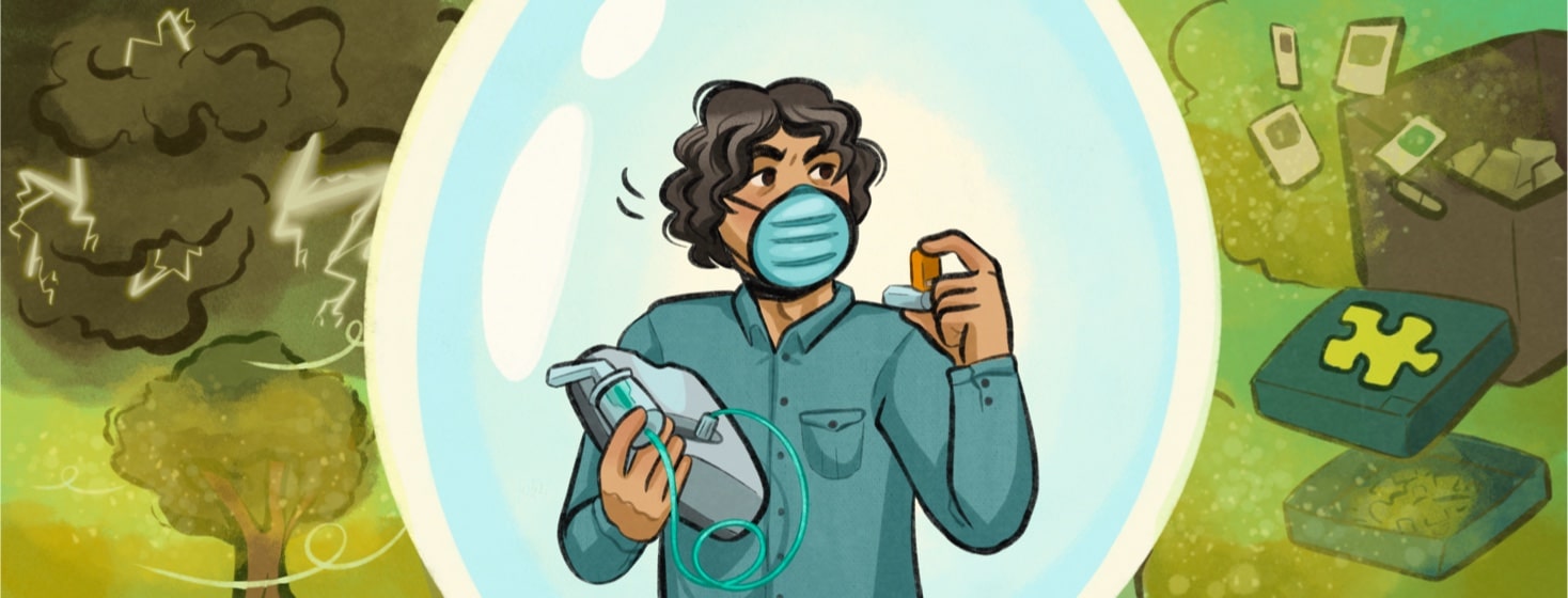 A man looks around himself suspiciously, he is wearing a face mask and holding an inhaler and nebulizer. He's standing in a protective bubble but all around it are various dusts and pollens. Thunderstorm, trees, puzzles, box, baseball card, male, middle aged, breathing, nature