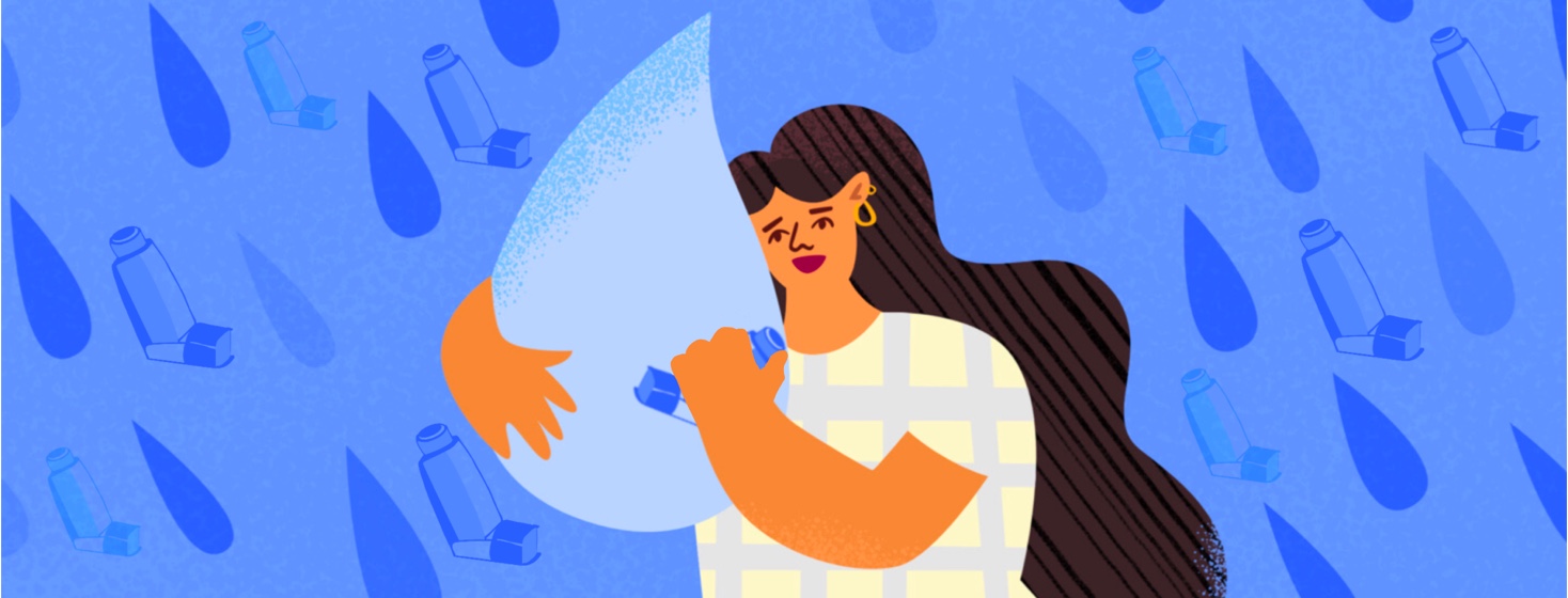 Woman hugging a giant tear drop and holding an inhaler