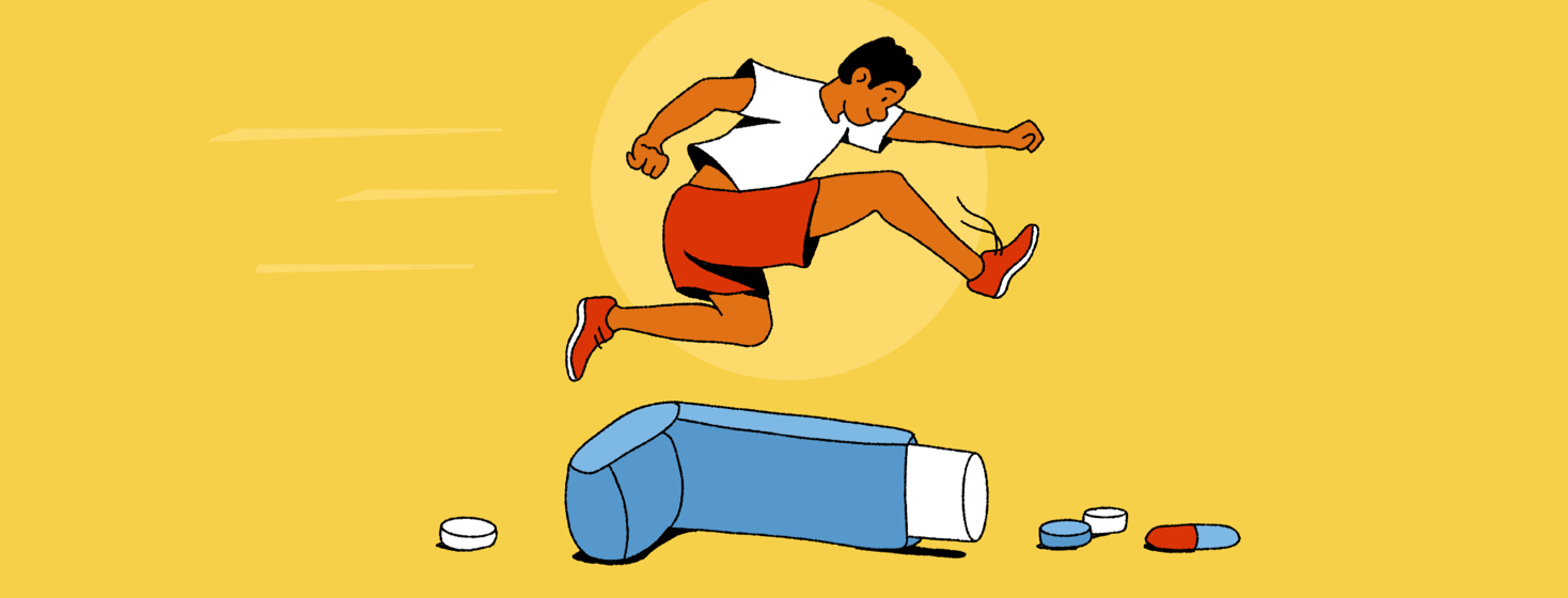 A young man leaping over an inhaler and scattered pills