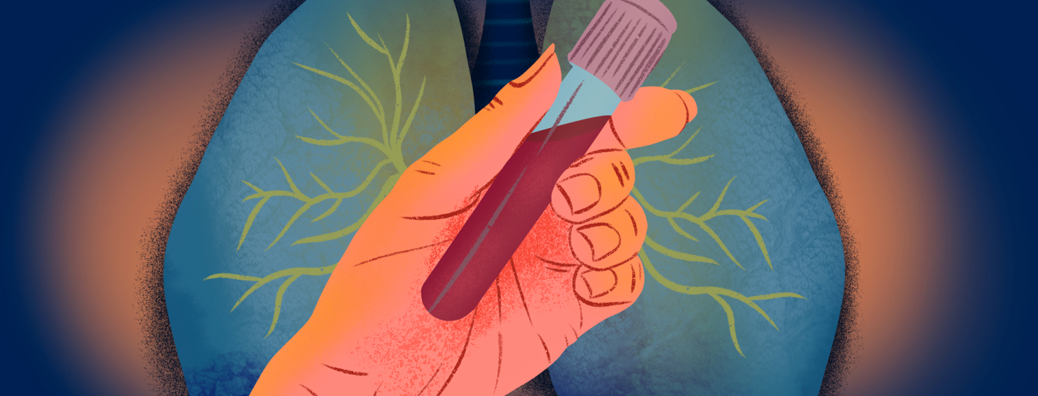 A hand holding a blood test tube in front of a pair of lungs