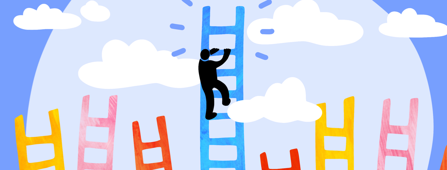 A series of ladders with a person near the top of one