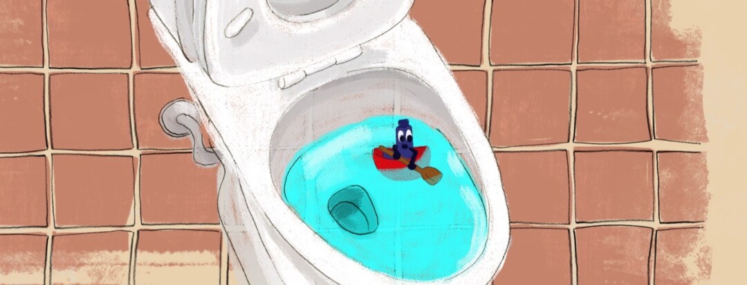 An animated inhaler looks scared as it paddles in a tiny boat inside of a toilet