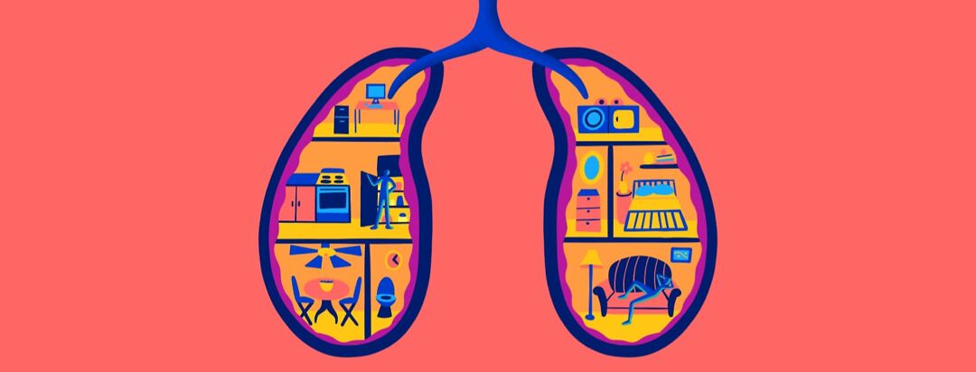 A pair of lungs that a person is living inside. The interior is set up like a dollhouse.