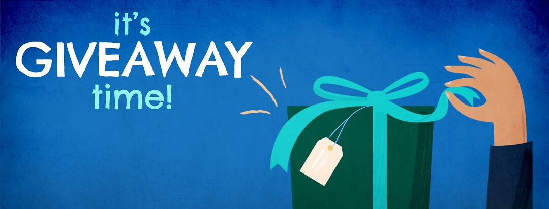 A hand is reaching up and pulling on the ribbon on a gift box. It's time for a giveaway!