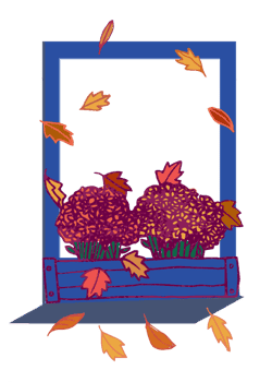 A window with a flower box filled with fall foliage