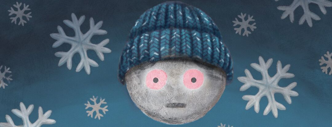 A wide red eye moon face wearing a blue knit cap floats in front of a background of snowflakes.