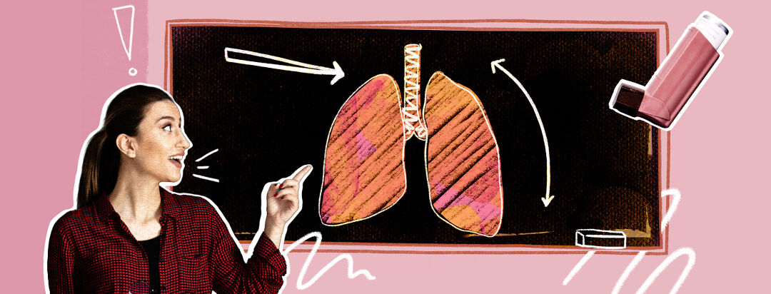 A cutout image of a woman pointing to an illustration of a lung with a floating cutout of an inhaler close by.